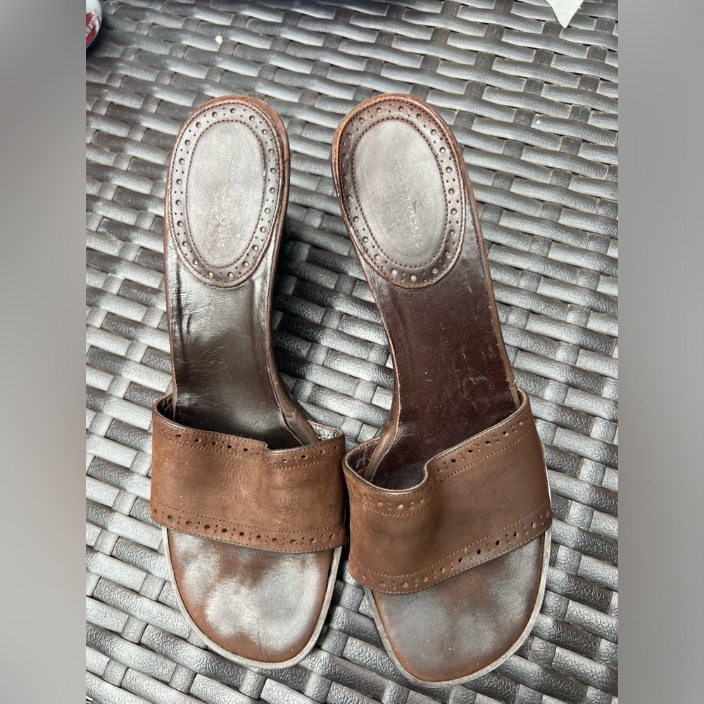 Banana Republic-Dark Brown Leather Upper Wedge Sandal Slip On Heels